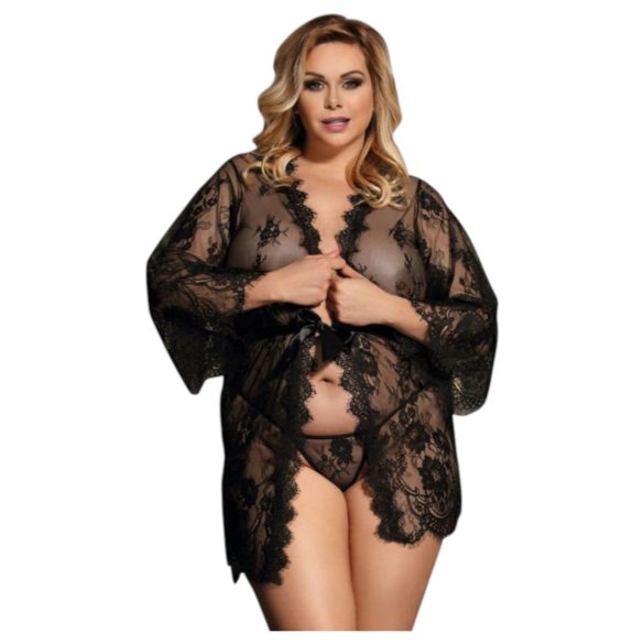 Subblime Queen Plus - set čipkasti ogrtač - crna (XL-2XL)