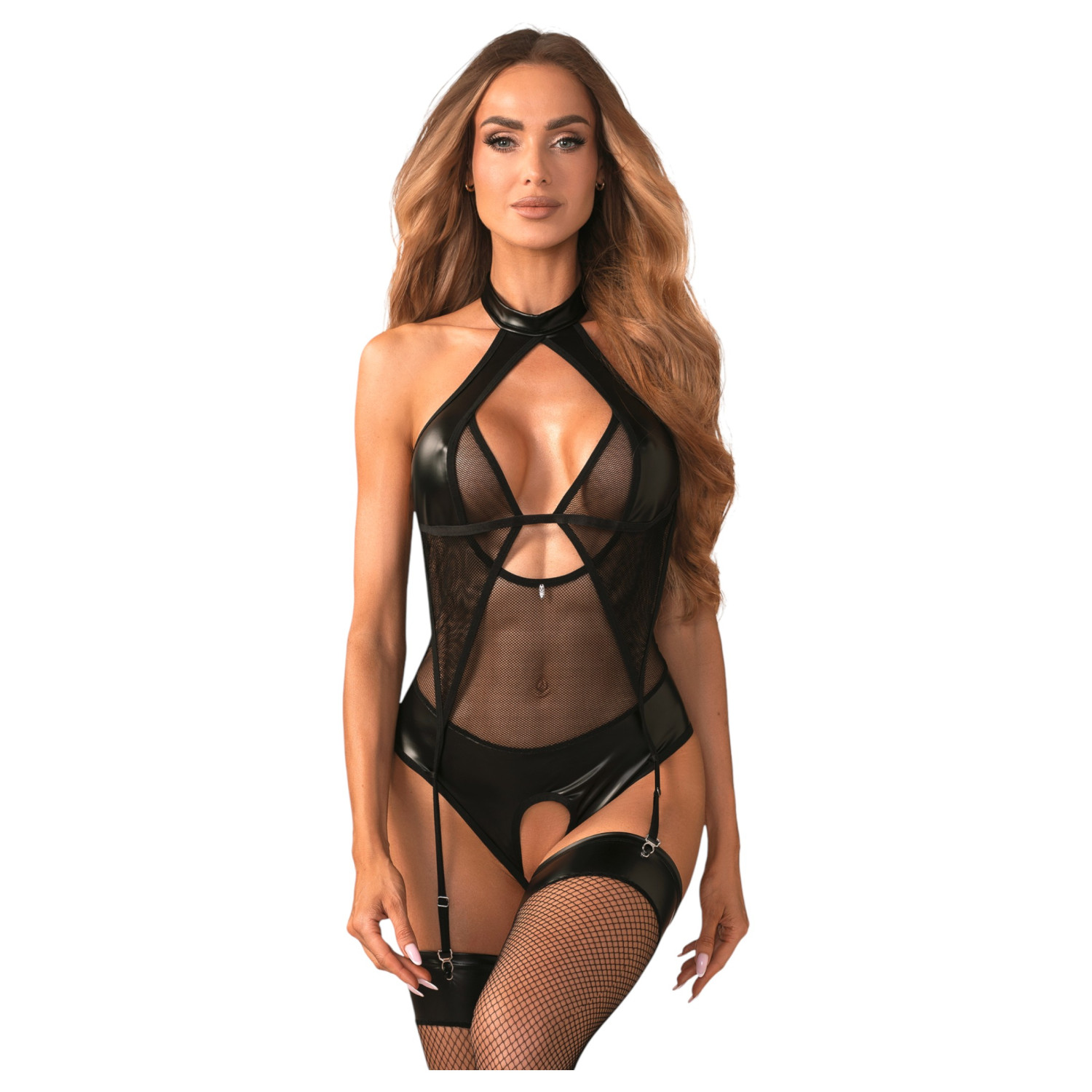 Obsessive - prozirni sjajni bodi - crna - L/XL
