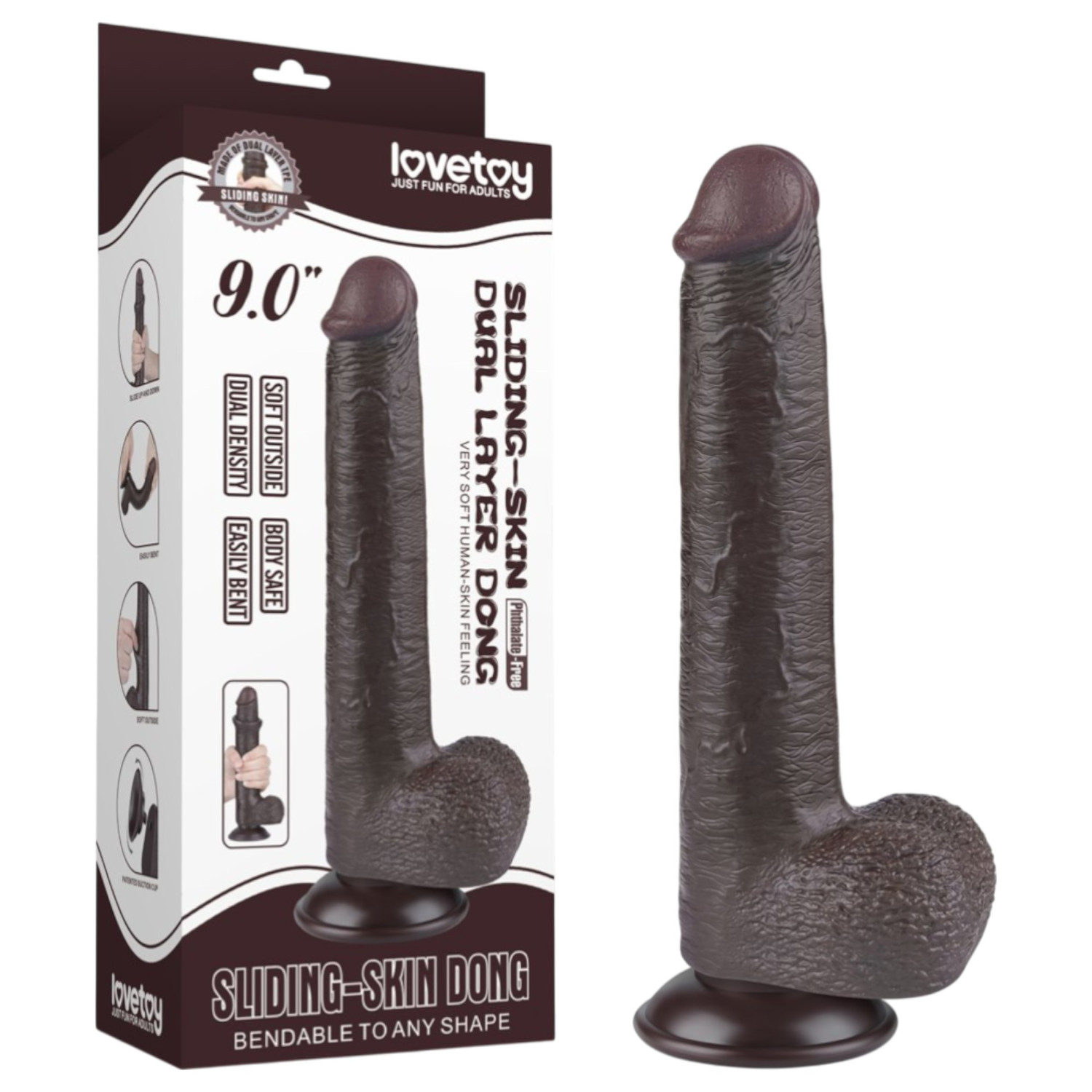 Sliding-Skin - dvostruki dildo s vakum podlogom - 20,8 cm (smeđi)